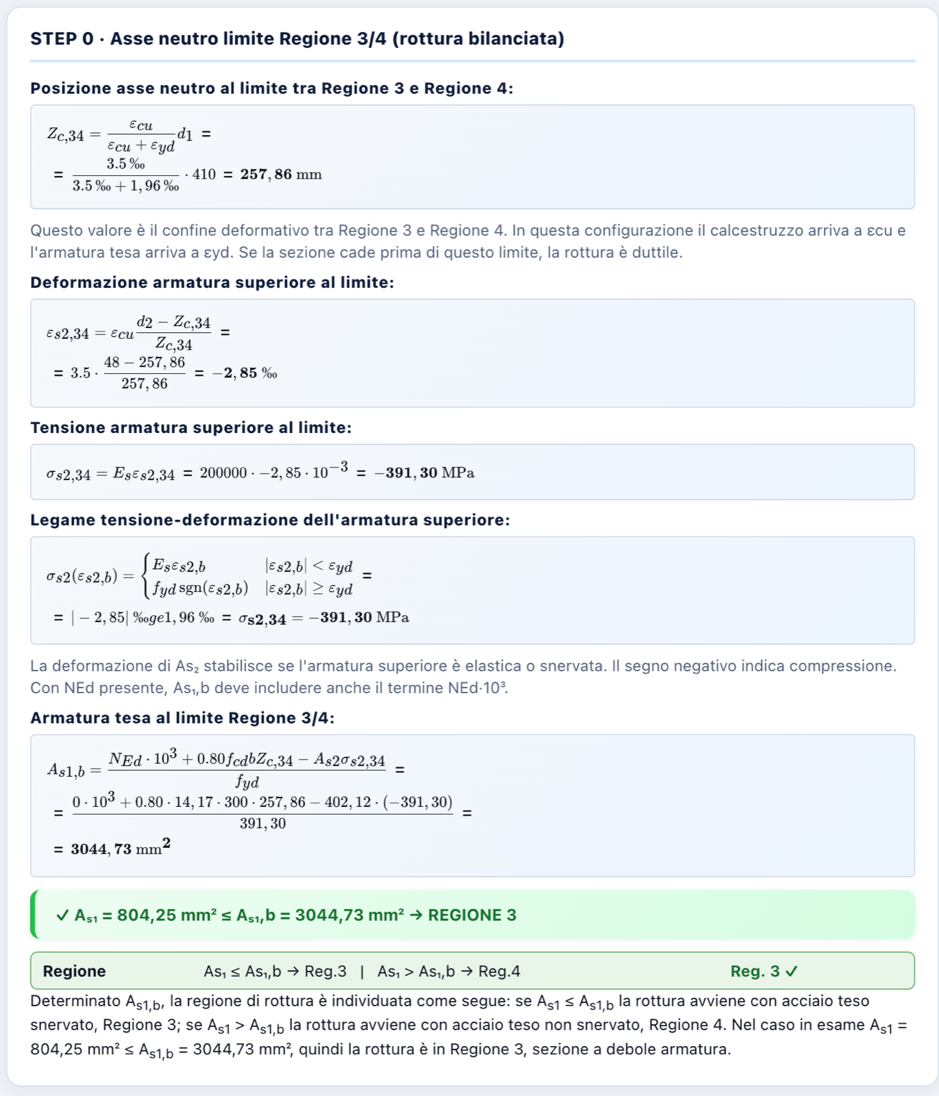 Schermata xTdC: individuazione della regione di rottura per un pilastro in cemento armato, con posizione dell'asse neutro al limite Regione 3/4, deformazione e tensione dell'armatura superiore, armatura tesa al limite e confronto che determina Regione 3.